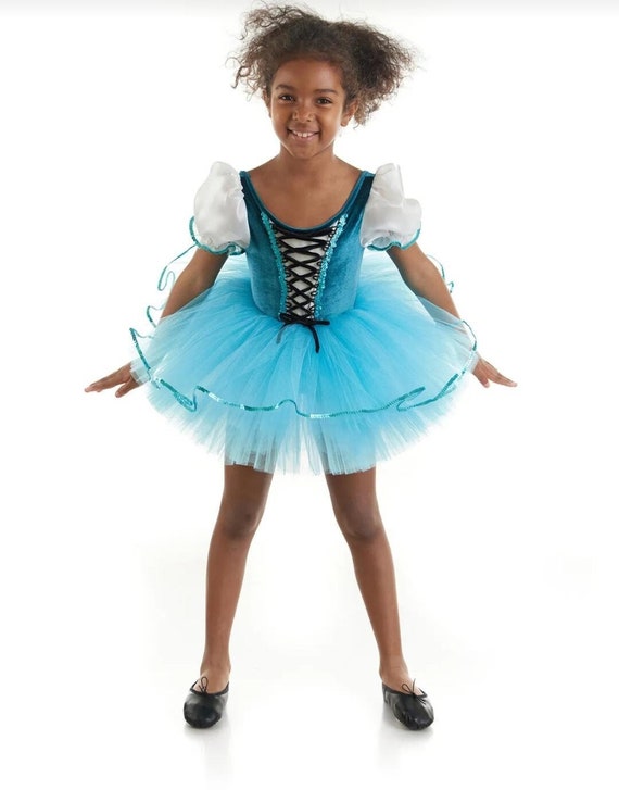 Girls Super Soft Blue Ballet Dress With Tutu Skirt and Sequin Trim