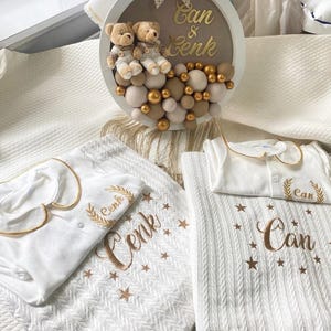 Newborn 8pc Hospital Coming Home Outfit Set Custom Name Baby Shower Gift Personalized Onesie Blanket Bib Hat Preemie Hospital Set