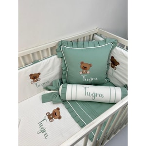 5 Piece- Personalized Crib Sheet Set Teddy Bear Sheets Custom Newborn Crib Set Monogrammed Sheets Jungle Animals Nursery Decor Crib Bedding