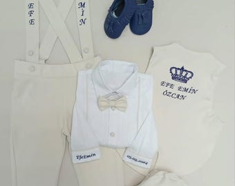 Personalisierter Jungen Elfenbein Tuxedo, weiße Tauf Outfit, Ring-Träger-Klage