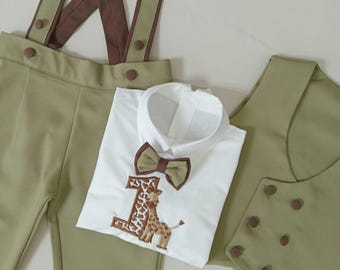 Personalized Boys 1st Birthday Suit Custom Safari Animal Theme Green Brown Birthday Safari Shirt Safari Pants Set Baby Birthday Suit Vest