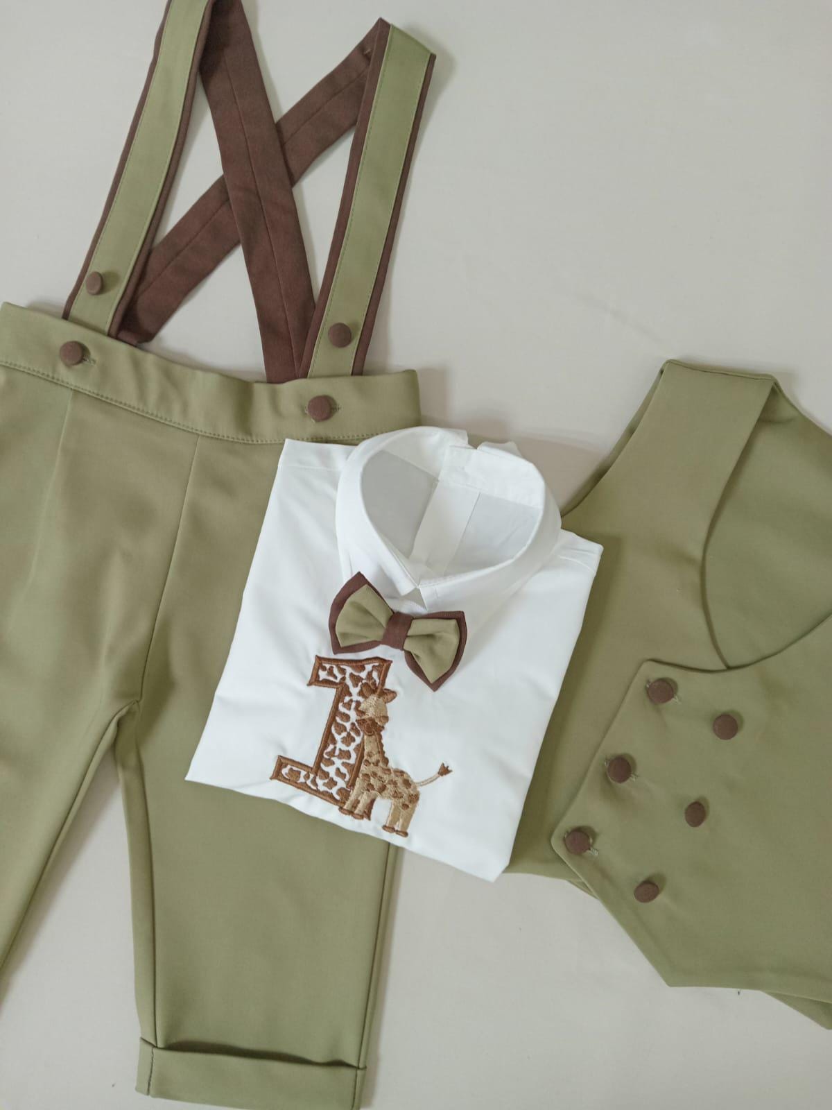 Personalized Boys 1st Birthday Suit Custom Safari Animal Theme Green Brown Birthday Safari Shirt Safari Pants Set Baby Birthday Suit Vest