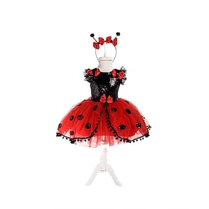 Girls Ladybug Costume Toddler Lady Bug Birthday Party Outfit Girls Handmade Ladybug Dress with Antlers Toddler Halloween Costume 2T-10