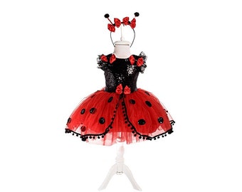 Girls Ladybug Costume Toddler Lady Bug Birthday Party Outfit Girls Handmade Ladybug Dress with Antlers Toddler Halloween Costume 2T-10