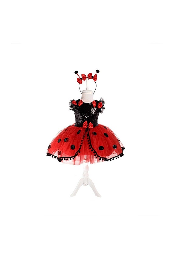 Girls Ladybug Costume: Handmade Sequin Tutu Dress with Antlers
