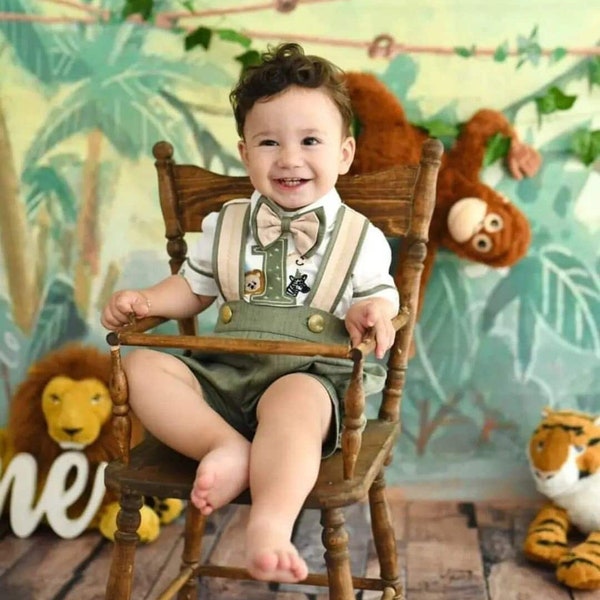 Personalized Baby Boys 1st Birthday Suit Set Custom Safari Animal Theme Boy Birthday Monogramed Shirt Shorts Suspender Bowtie Sky Blue Green