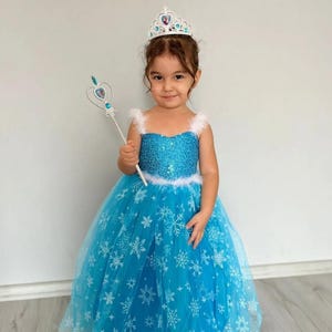 Princess Elsa Costume Elsa Dress For Girls, Frozen Elsa Birthday Costume Frozen Princess Elsa Gown with Tulle Cape Princess Crown and Wand
