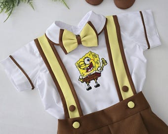 パーソナライズされた男の子用スポンジボブ1歳の誕生日スーツセット