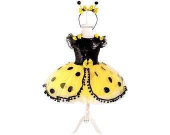 Bumble Bee Birthday Costume Tutu for Girls Birthday Girls Honeybee Tutu Dress Bumble Bee Dress With Antlers Toddler Bumblebee Birthday 2T-10