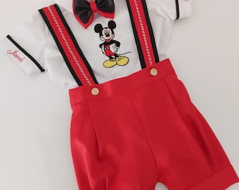 Personalized Boys Mickey Mouse 1st Birthday Suit Mickey Disney Birthday Boys First Birthday Suit Shirt Short Long Pants Red Mickey Outfit
