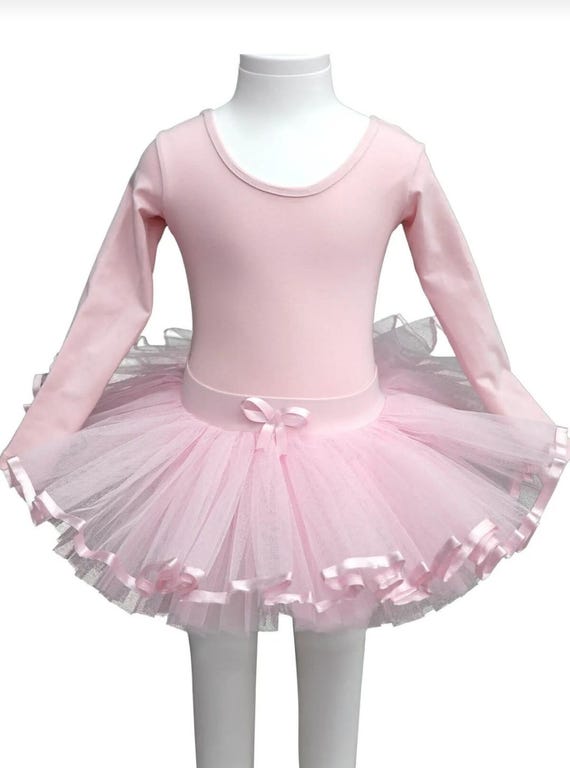 Girls Super Soft Ballet Dress With Tutu Skirt Satin Trim Long or Short Sleeve Cotton Tutu Dance Gymnastics Practice Dress Pink Ballet Dress