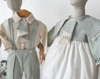 Personalized Boys Vintage Linen Ring Bearer Outfit Girls Vintage Linen Dress Matching Sibling Outfits Sage Green Retro Boho Ring Bearer Suit