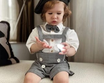 Personalized Boys 1st Birthday Outfit Toddlers Vintage Lederhosen Romper with Braces Toddler Plaid Overalls Boys Vintage Ring Bearer Outfit