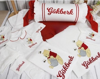 Newborn 8pc Winnie the Pooh Hospital Coming Home Set Custom Baby Shower Gift Personalized Footie Onesie Blanket Bib Hat Preemie Hospital Set