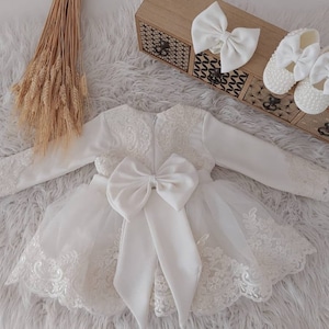 Baby Pink & White Lace Dress Set - Christening Baptism Outfit with Headband & Booties main image 0