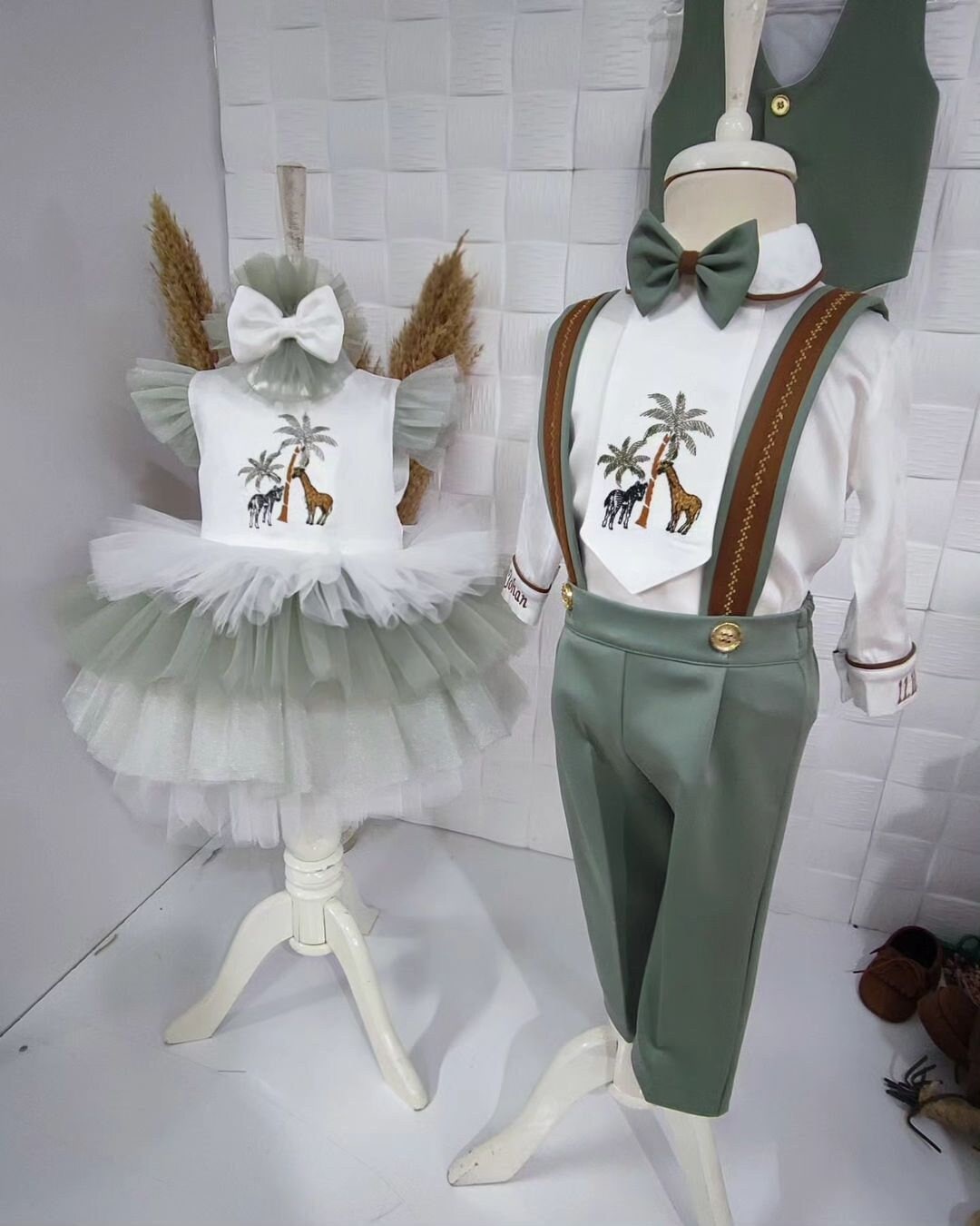 Twins Girls Boys 1st Birthday Toddlers Twins First Birthday Matching Safari  Outfit Monogrammed Tutu Dress Embroidered Shirt Suspenders Dress