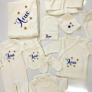 Newborn 10pc Hospital Coming Home Outfit Set Custom Name Baby Shower Gift Personalized Onesie Blanket Bib Hat Preemie Hospital Set