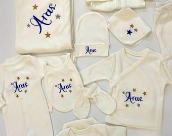 Newborn 10pc Hospital Coming Home Outfit Set Custom Name Baby Shower Gift Personalized Onesie Blanket Bib Hat Preemie Hospital Set