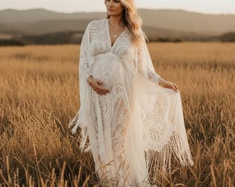 Boho Lace Maternity Maxi Dress Tassel Robe Photoshoot Gown Baby Shower Dress for Pregnant Women