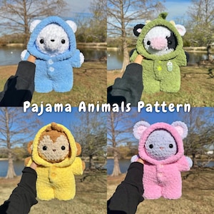 4 in 1 パジャマ動物かぎ針編みパターン | 4 匹の動物 + パジャマ