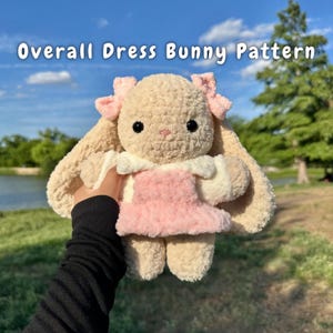 Peut inclure: Un lapin en crochet portant une robe rose et un col blanc. Le lapin a une fourrure beige, des yeux noirs et des nœuds roses sur les oreilles. La poupée est tenue par une main dans un chemisier noir à manches longues. L'arrière-plan est une image floue d'un lac et d'arbres.