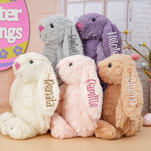 Può includere: Cinque coniglietti di peluche di diversi colori, ognuno con un nome ricamato sull'orecchio. I coniglietti sono disposti in fila su una superficie marrone chiaro. I nomi sono: Renata, Camille, Heloise, Edwina e Kristy.