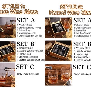 May include: Whiskey glass sets in wooden gift boxes. Style 1 features square glasses, while Style 2 offers round glasses. Each set includes granite whiskey stones, a flannel bag, and a stainless steel clip. Set C includes only one whiskey glass.