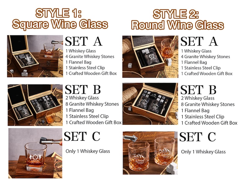 May include: Whiskey glass sets in wooden gift boxes. Style 1 features square glasses, while Style 2 offers round glasses. Each set includes granite whiskey stones, a flannel bag, and a stainless steel clip. Set C includes only one whiskey glass.