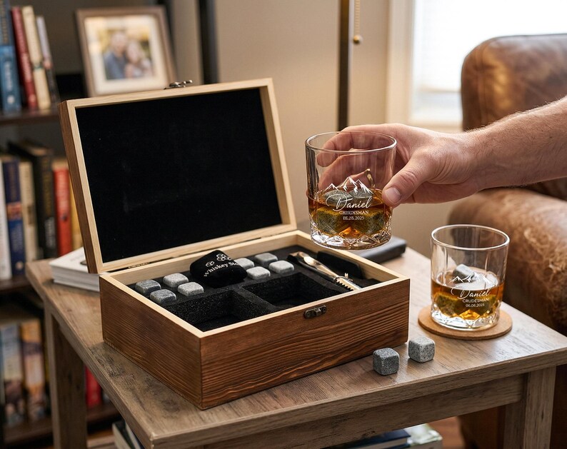 Personalized Whiskey Glass Set with Wooden Box,Groomsmen Gifts,Engraving Glass Cup,Best Man Gift, Groomsman Proposal,Gifts for Dad image 5