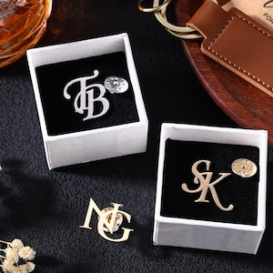 Personalized Initial Lapel Pin, Custom Monogram Brooch, Groomsmen Gift with Box, Wedding Keepsake