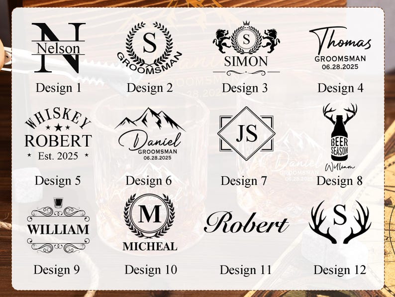 May include: A selection of personalized whiskey glass designs, featuring various fonts, monograms, and graphics. Designs include names, initials, and phrases like "Groomsman" and "Beer Season". The designs are in black and white.