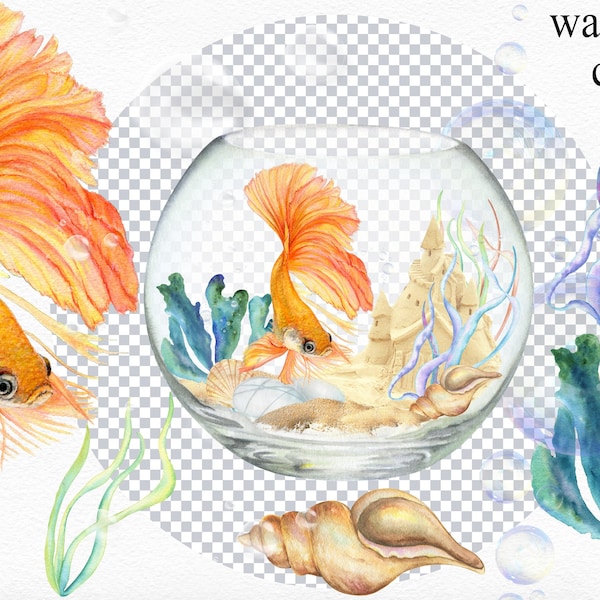 Goldfish Fish Bowl Watercolor Clipart PNG Aquarium Bubbles Seaweed Seashell Sand Castle Sea Nautical Undersea Marine Digital Download