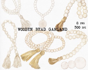 Puede incluir: Conjunto de ocho ilustraciones de acuarela de guirnaldas de cuentas de madera blancas con borlas. Las guirnaldas son de varias formas y tamaños. El texto "WOODEN BEAD GARLAND" está escrito en el centro de la imagen. El texto "8 PNG 300 DPI" está escrito en la esquina inferior derecha de la imagen. El texto "WATERCOLOR" está escrito en la esquina superior izquierda de la imagen. El texto "CLIPART" está escrito en la esquina superior derecha de la imagen. El texto "MARIYA ARTS" está escrito en el centro inferior de la imagen.