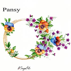 Bratki Kwiaty Akwarela Clipart PNG Bratki Styl Vintage Złoty Wieniec Malowanie Ręczne Fiołki Bukiet Bratki Botaniczny Darmowe Użytkowanie Komercyjne