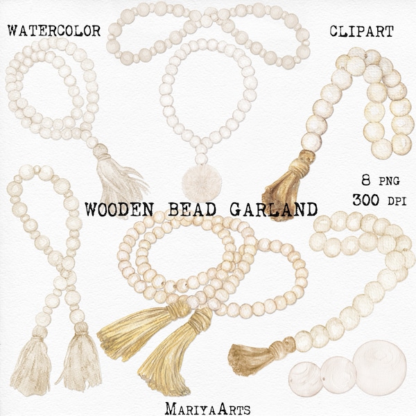 Wooden Bead Garland with Jute Tassels, Watercolor Clipart, Light Wood Beads Graphic Boho Farmhouse Home Decor, Tiered Tray Decor Digital PNG