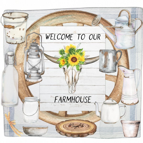 Watercolor Farmhouse Clipart, Vintage Rusty Cans, Watering Can Rustic Farm Pitchers Clay Pot French Pitcher Rustic Teapot Wooden Wagon Wheel