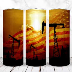 Oilfield Tumbler Wrap PNG 20oz Skinny Tumbler Oil Pump Jack US Flag Patriotic Oil Rig Sublimation Design Straight Digital Instant Download