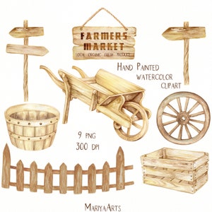 Clipart acquerello fattoria in legno PNG Ruota del carro Carriola Recinto Cassa Secchio Cartello Freccia Asse Cartellone pubblicitario Mercato degli agricoltori rustico