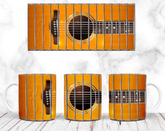 Kubek z gitarą, szablon do owijania kubka z kasetą magnetofonową, drewniana gitara, kubek do kawy country, 11 uncji/15 uncji, sublimacja, projekt cyfrowy, natychmiastowe pobranie