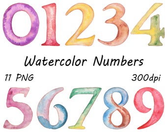 May include: Hand painted watercolor numbers 0 through 9 in various colors.  The numbers are in a playful, handwritten style.  There are 11 PNG files included, each at 300 dpi.