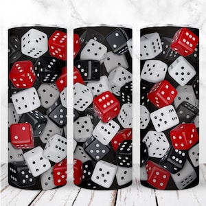 Gobelet 3D Wrap PNG 20 oz Gobelet skinny 20 oz Jeux de dés Jeu de casino Rouge Noir Blanc Sublimation Conception numérique transparente Téléchargement instantané