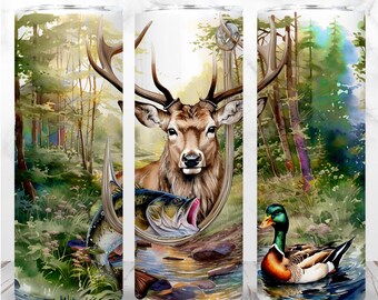 Hunting Fishing Tumbler Wrap PNG 20oz Skinny Tumbler Deer Bass Add Name ...
