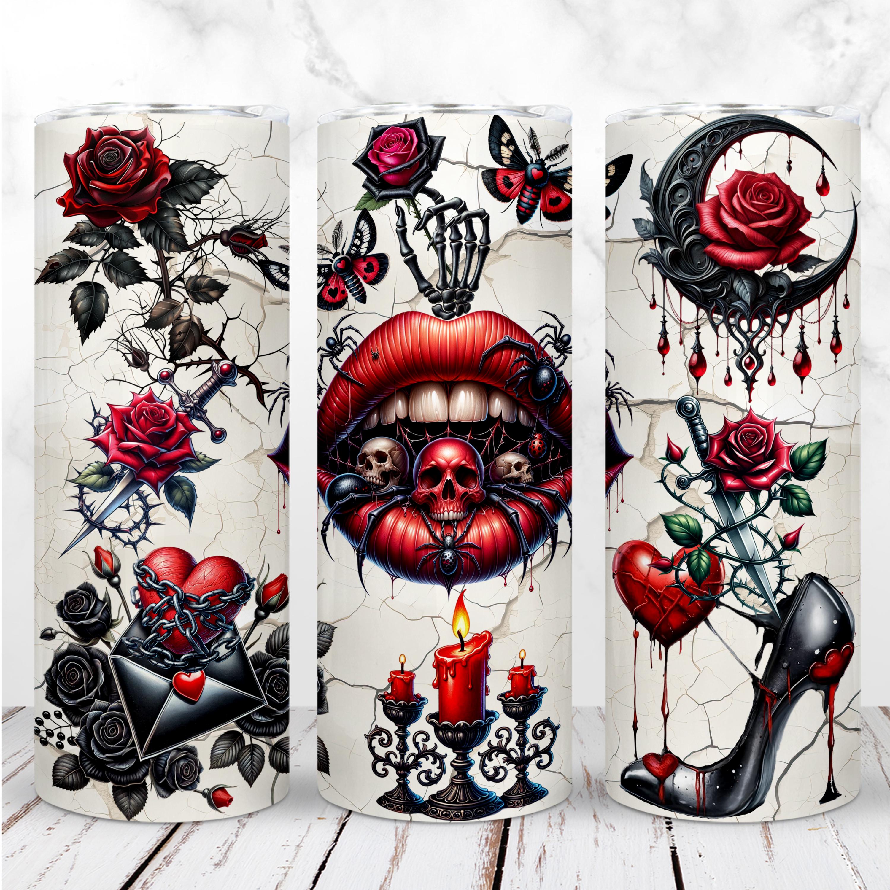 Gothic Love Tumbler Wrap PNG 20oz Skinny Tumbler Dark Romance Anti-Valentine 3D Vintage Sublimation Seamless Digital Design Instant Download