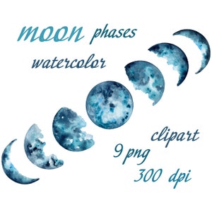 Mond Phasen Clipart PNG, Mond Karte, Halbmond Blauer Aquarell Mond Art Clip Art, Mond Karte Mond Phasen Celestial Stock Illustrationen