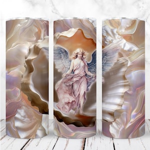 Envoltura de vaso de ángel PNG de 20 oz, hermoso ángel guardián celestial volando, vaso delgado, diseño digital sin costuras, descarga instantánea