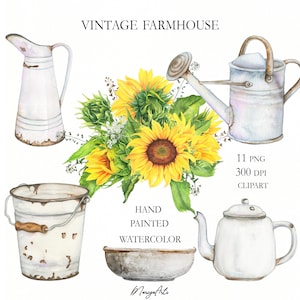 Vintage Farmhouse Country Farm Watercolor Clipart Jarras rústicas, cubo oxidado, regadera, jarra francesa, tetera rústica, pintada a mano