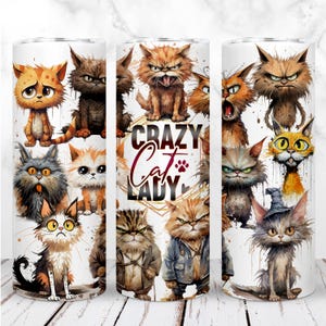 Tazza da caffè con scritta "Cats Crazy Cat Lady PNG", da 20 once, tazza sottile, gatti divertenti, amante dei gatti, design digitale senza cuciture, download istantaneo.
