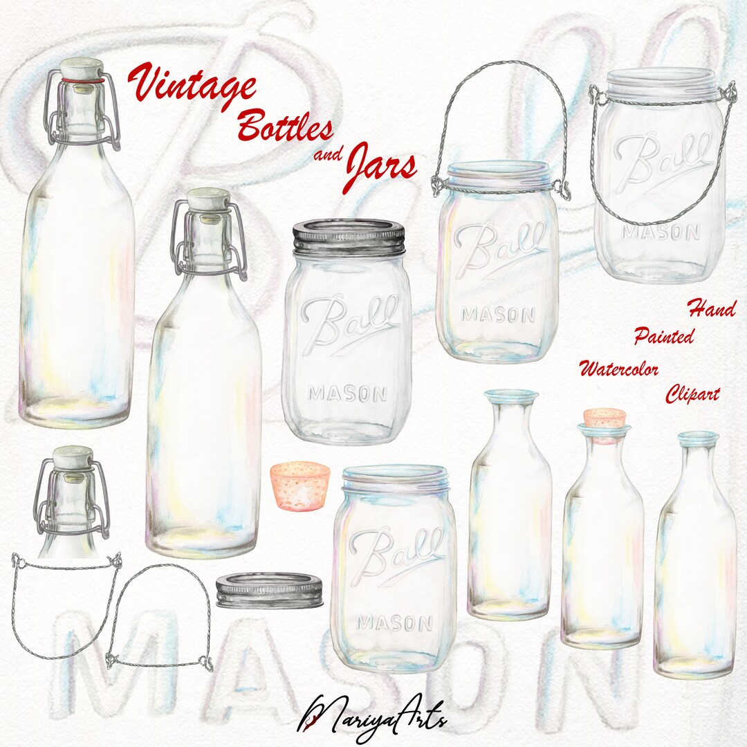 Vintage Glass Jars Watercolor Clipart PNG Traditional Glass French