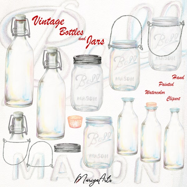 Vintage Glass Jars Watercolor Clipart PNG Traditional Glass French Table Water Bottle Flip Top Rustic Farmhouse Decor Hand Painted