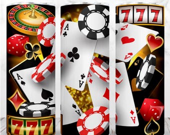 Playing Cards 3D Tumbler Wrap PNG 20oz Skinny Tumbler Casino Game Chips Seamless Sublimation Design Straight Digital Design Instant Download